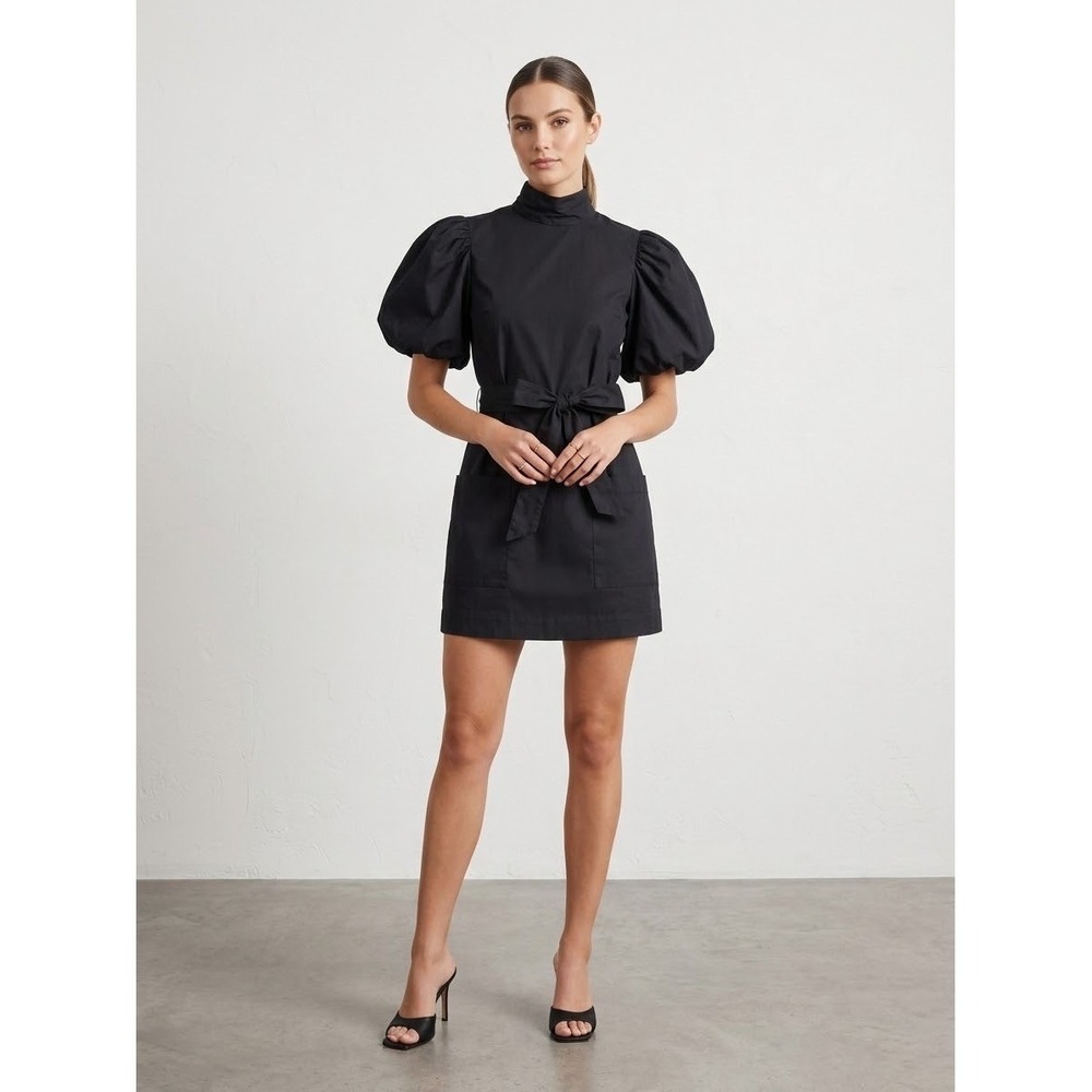 FRAME Noir Puff Sleeve Mock Neck Cotton Mini Dress Black XS LWWD0403